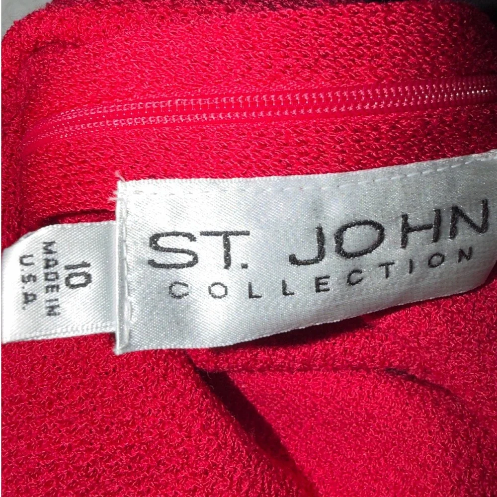 St John Collection Red Santana Knit Portrait Collar Belted Sheath Dress Size‎ 10